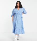 Glamorous Curve Maxi Wrap Dress With Balloon Sleeves In Blue Ditsy