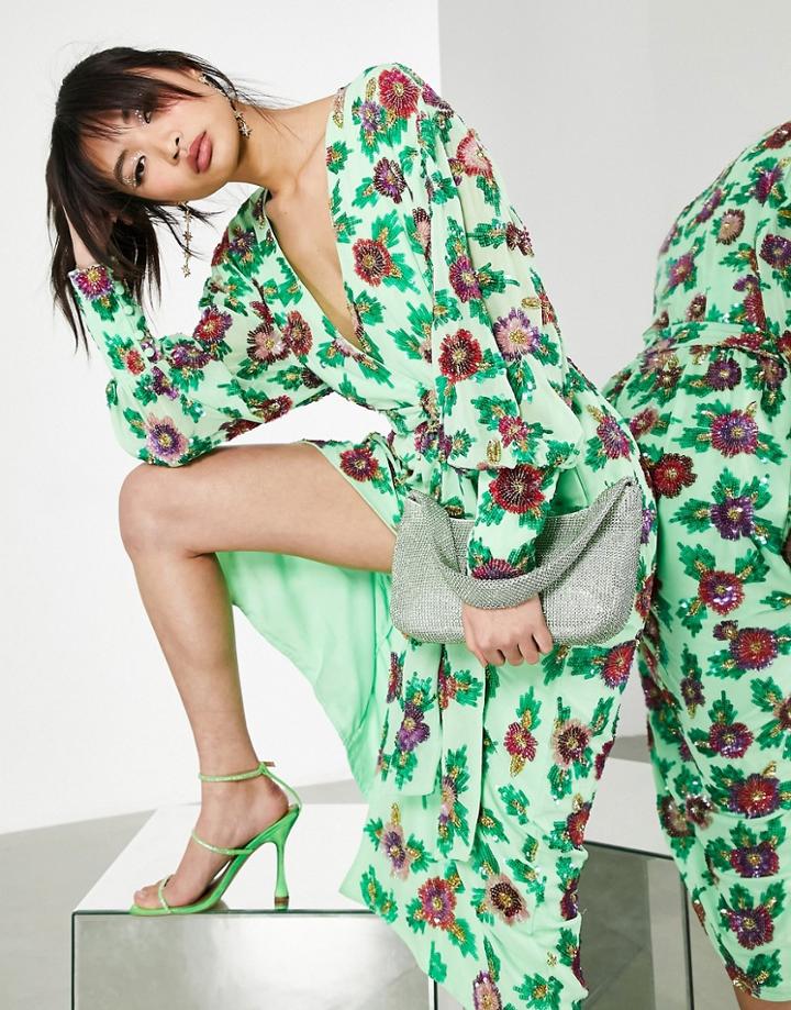 Asos Edition Sequin Wrap Midi Dress In Floral Sequin-green
