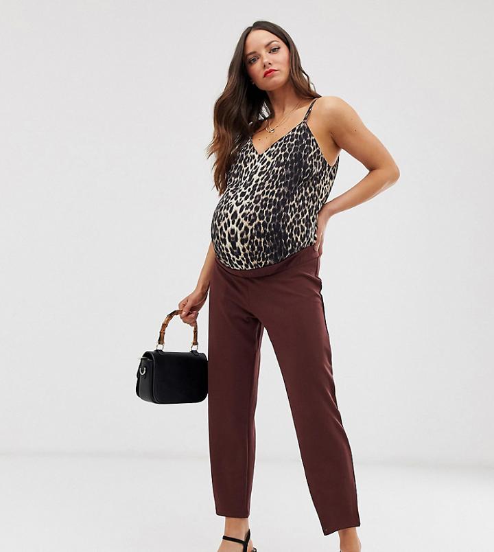 Asos Design Maternity Pull On Tapered Pants In Jersey Crepe - Brown