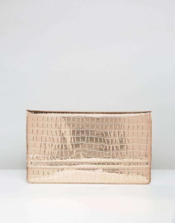 Asos Double Flap Slim Croc Metallic Clutch Bag - Copper