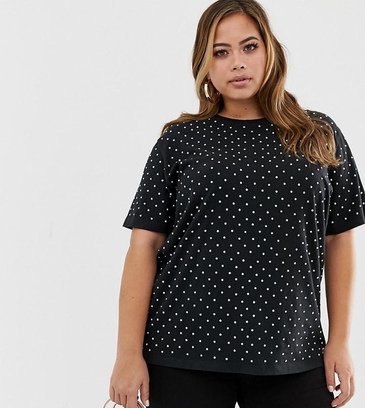 Asos Design Curve Oversized T-shirt With Crystal Studs - Black