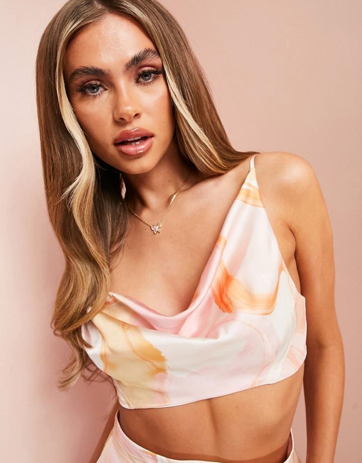 Asos Design Asymmetric Drape Cropped Satin Cami Top In Marble Print - Part Of A Set-multi