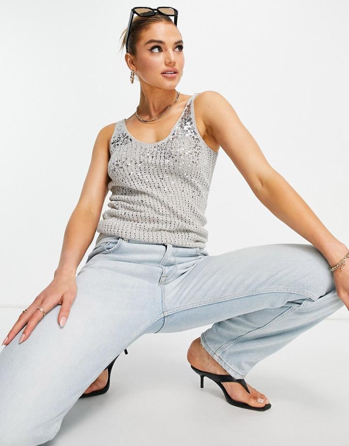 River Island Sequin Embellished Tank In Silver