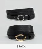 Asos Design Curve 2 Pack Circle Buckle Waist And Hip Belts In Water Based Pu - Black