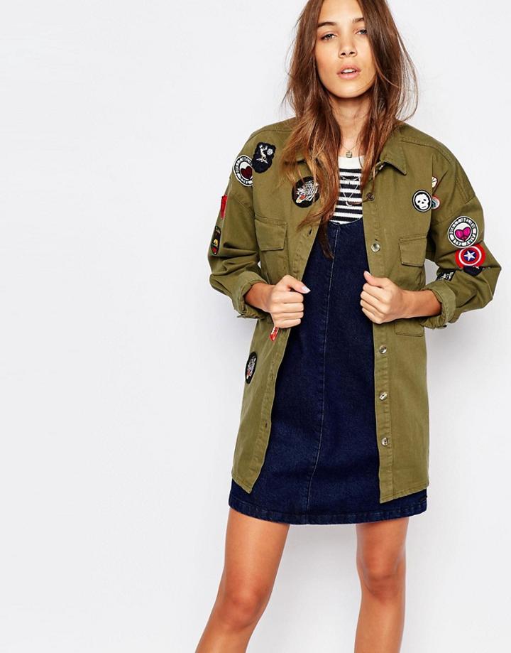 Pull & Bear Cargo Jacket With Badges - Khaki
