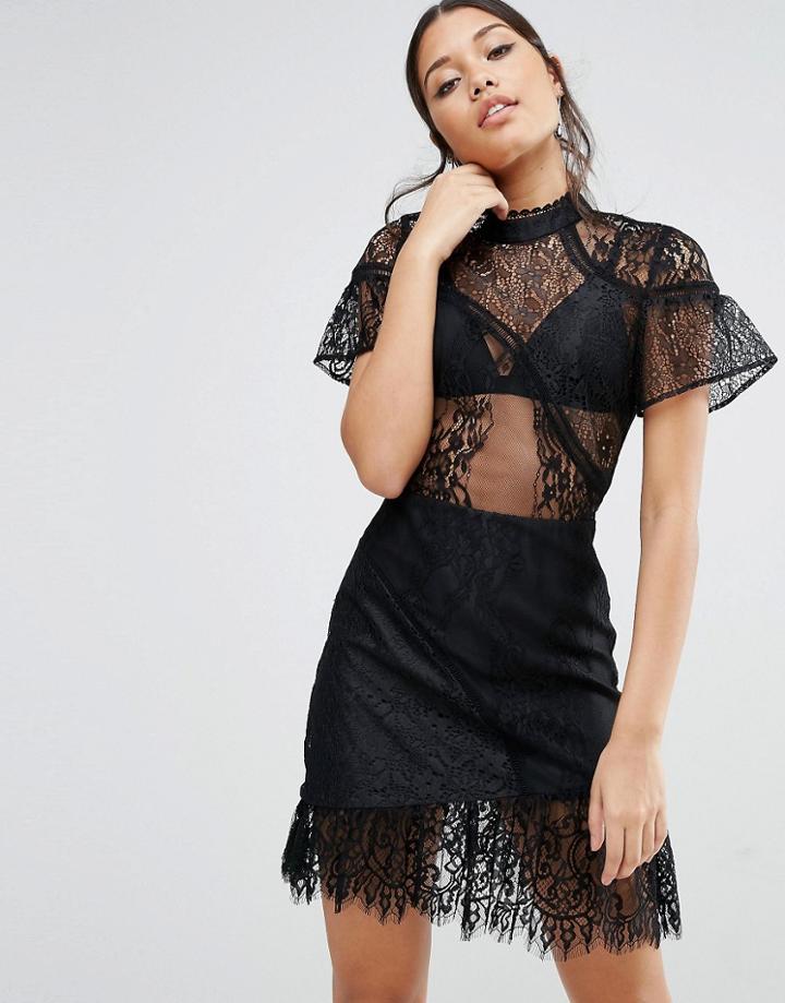 Asos Delicate Patchwork Lace Mini Dress With Asymmetric Hem - Black