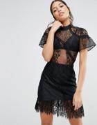 Asos Delicate Patchwork Lace Mini Dress With Asymmetric Hem - Black