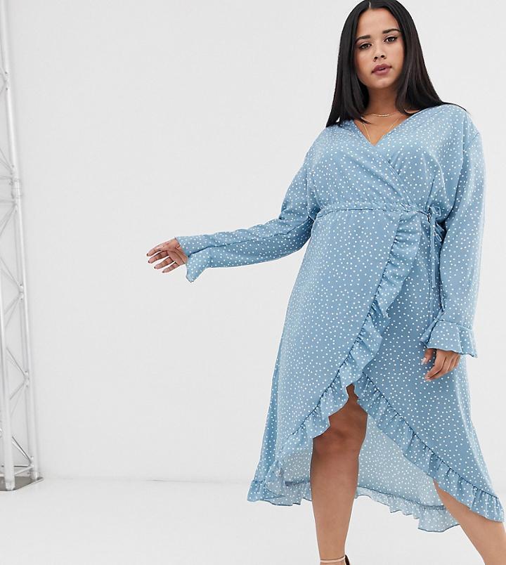 Boohoo Plus Exclusive Wrap Midi Dress In Blue Polka - Blue