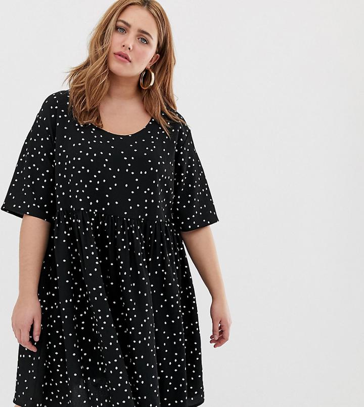 Collusion Plus Cheese Cloth Smock Dress In Polka Dot-black