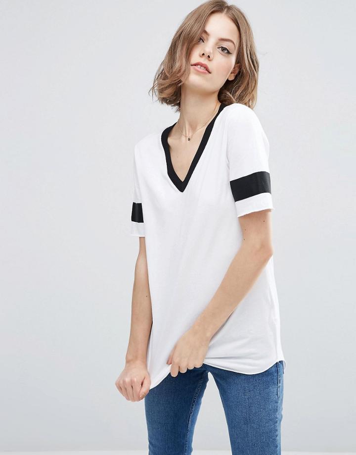 Asos Longline T-shirt With V-neck And Grosgrain Insert - White