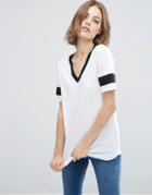 Asos Longline T-shirt With V-neck And Grosgrain Insert - White