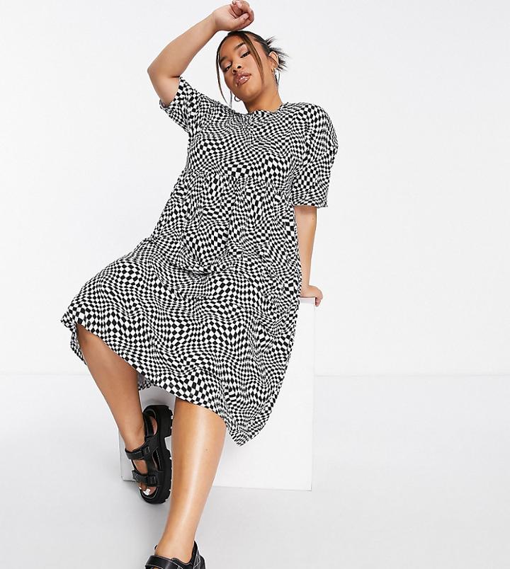 Urban Threads Plus Oversized Midi Smock Dress In Monochrome Print-multi