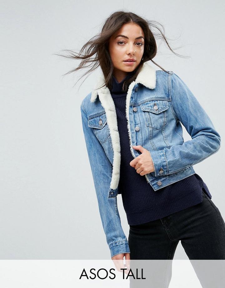 Asos Tall Denim Shrunken Borg Jacket In Tammy Midwash Blue - Blue
