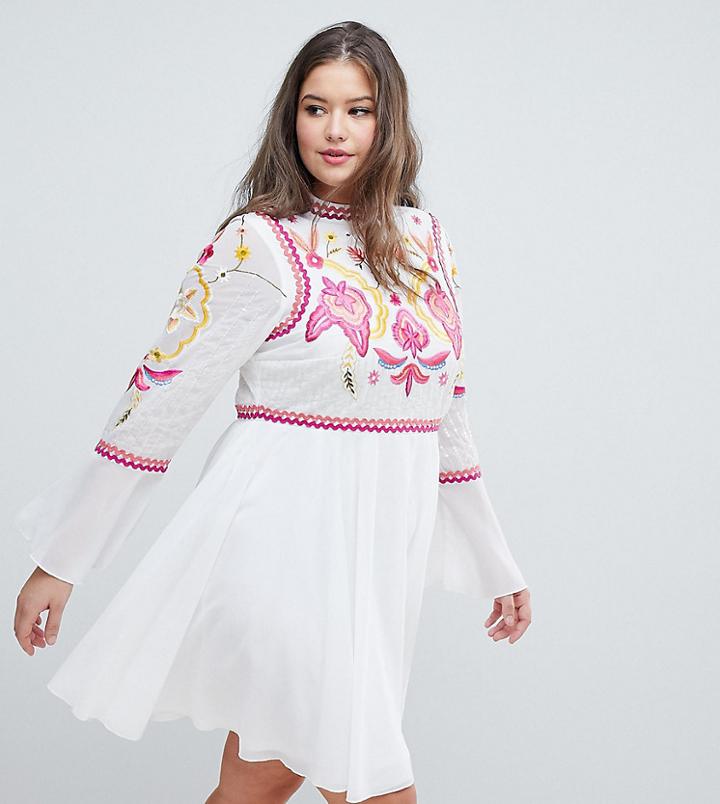 Frock And Frill Plus Lace & Embroidery Top Pleated Mini Dress - White