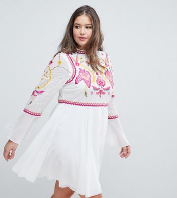 Frock And Frill Plus Lace & Embroidery Top Pleated Mini Dress - White