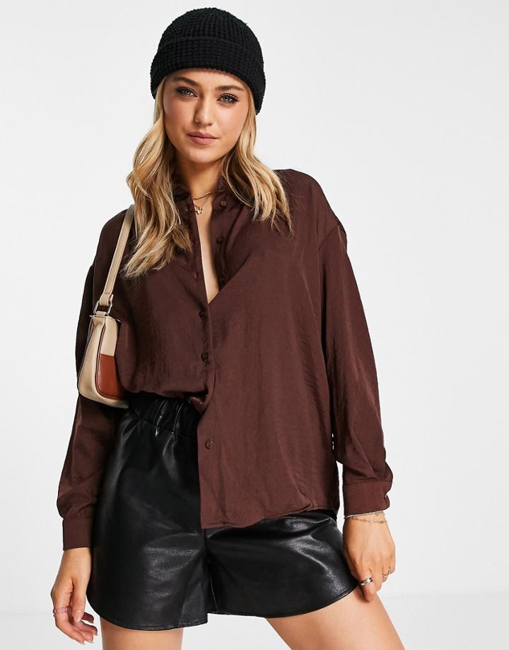 Stradivarius Satin Shirt In Brown