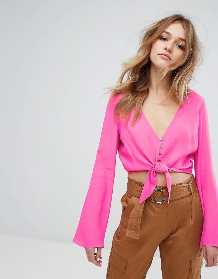 Bershka Tie Front Button Crop Top - Pink