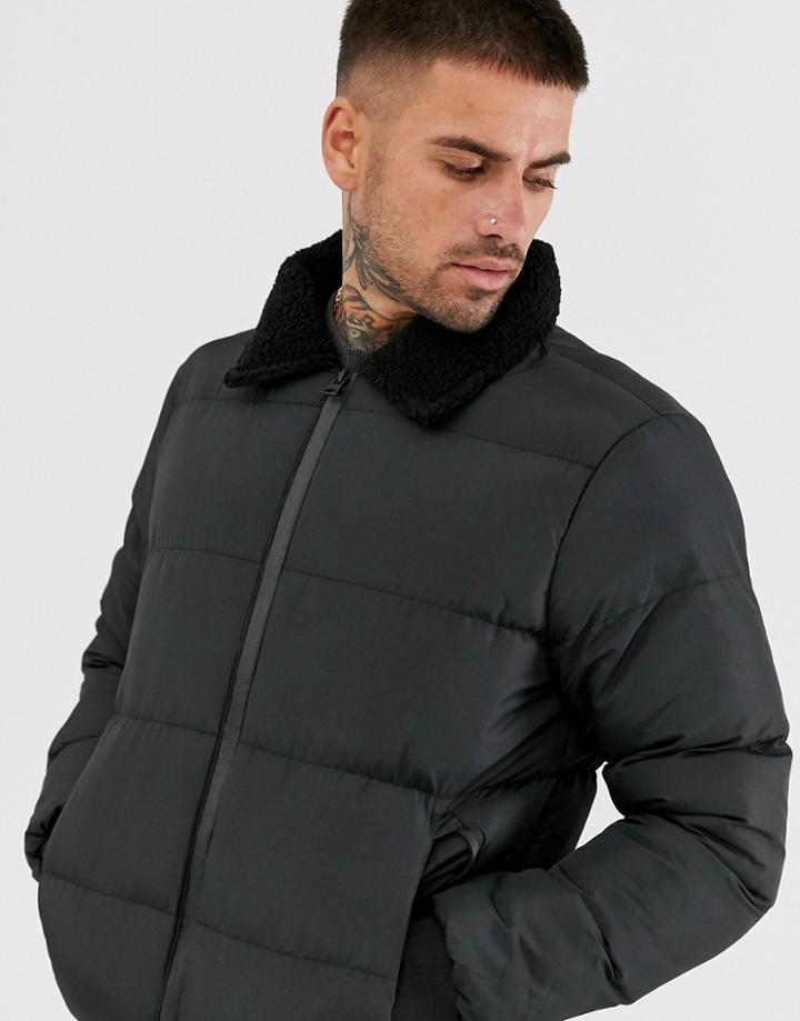 Brave Soul Padded Bomber With Fleece Collar In Black
