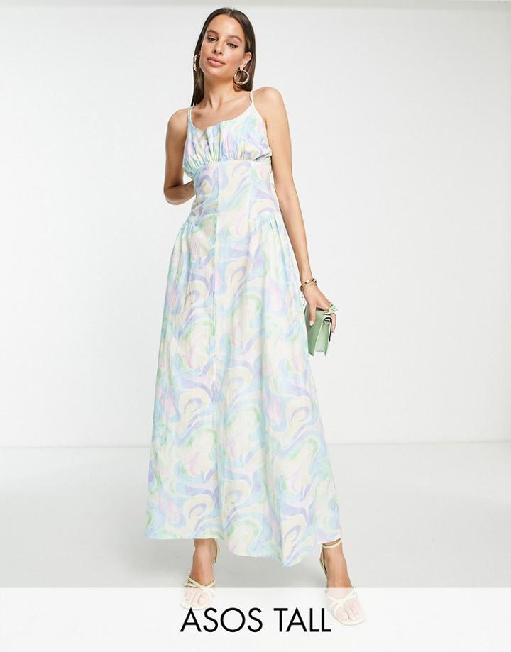 Asos Design Tall Strappy Back Gathered Waist Maxi Sundress-multi
