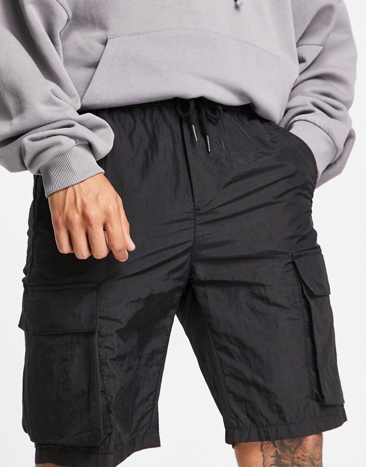 Only & Sons Cargo Shorts In Black Nylon