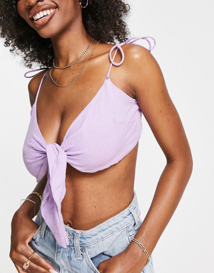 Asos Design Fuller Bust Textured Tie Front Crop Beach Top In Lilac-purple