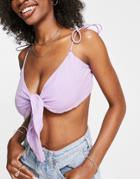 Asos Design Fuller Bust Textured Tie Front Crop Beach Top In Lilac-purple