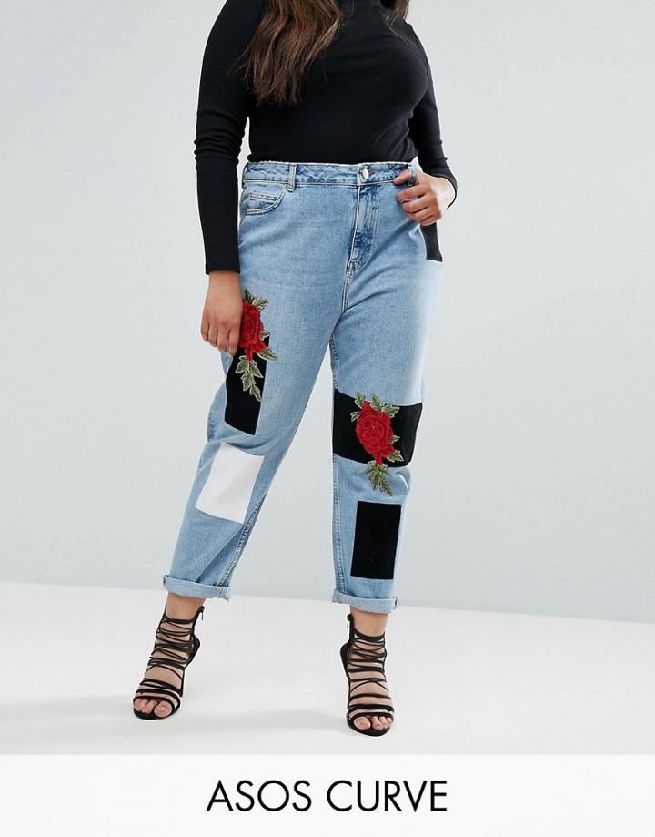 Asos Curve Original Mom High Waist Slim Mom Jeans With 3d Embroidery And Velvet Detail In Lucinda Light Wash Blue - Blue