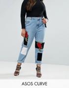 Asos Curve Original Mom High Waist Slim Mom Jeans With 3d Embroidery And Velvet Detail In Lucinda Light Wash Blue - Blue