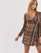 Boohoo Satin Tie Side Wrap Dress In Snake Print - Multi