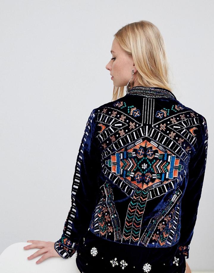 Rd & Koko Heavily Embellished Velvet Jacket - Navy