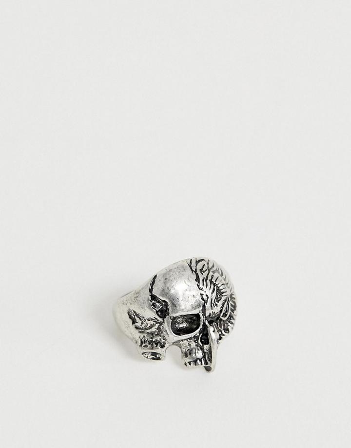 Asos Design Spliced Ring With Skull And Bird In Burnished Silver Tone - Silver