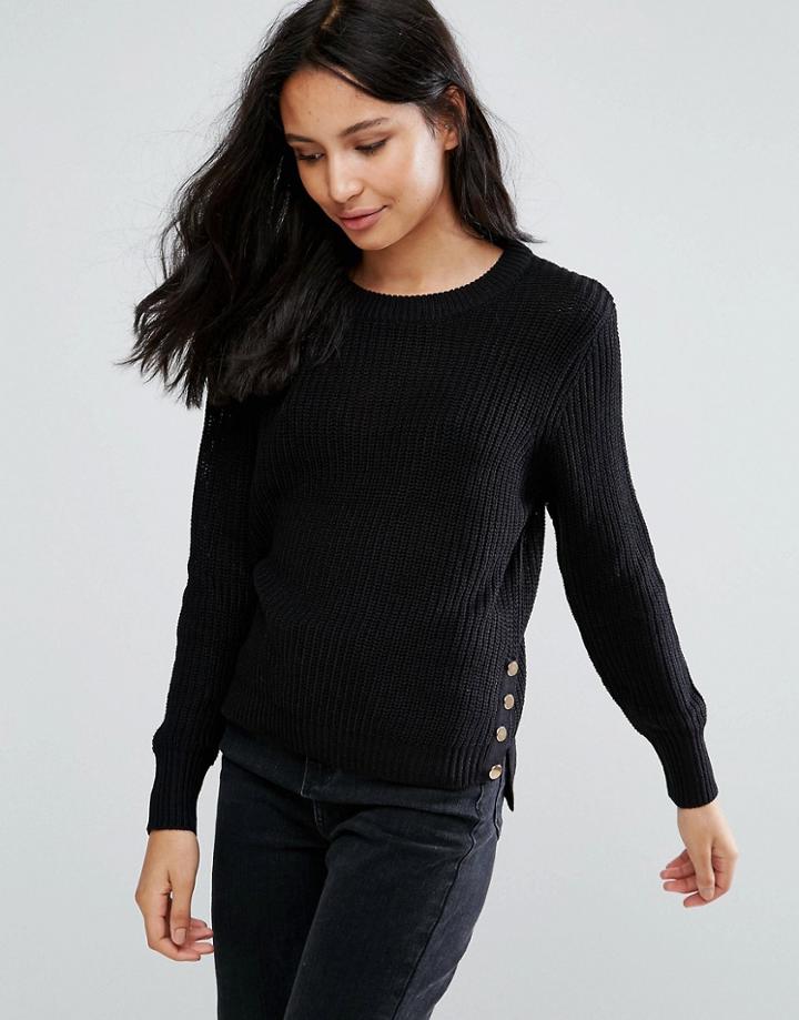 Brave Soul Side Button Sweater - Black