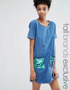 Liquor & Poker Tall Frayed Denim Shift Dress With Sequin Pockets - Blue