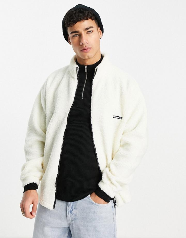 New Look Borg Zip Through Jacket With Badge In Off-white