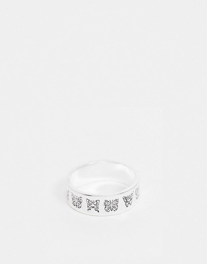 Asos Design Band Ring With Butterfly Design In Silver Tone