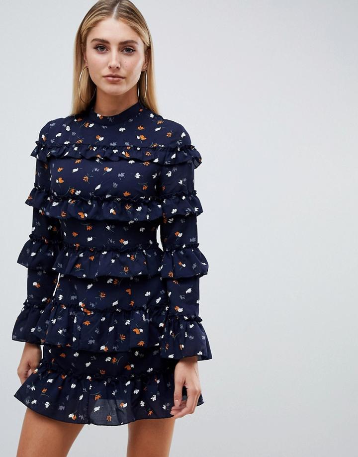 Prettylittlething High Neck Tiered Frill Mini Dress In Navy Floral - Navy