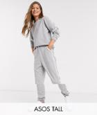 Asos Design Tall Tracksuit Sweat / Basic Jogger With Tie With Contrast Binding In Gray Marl-grey