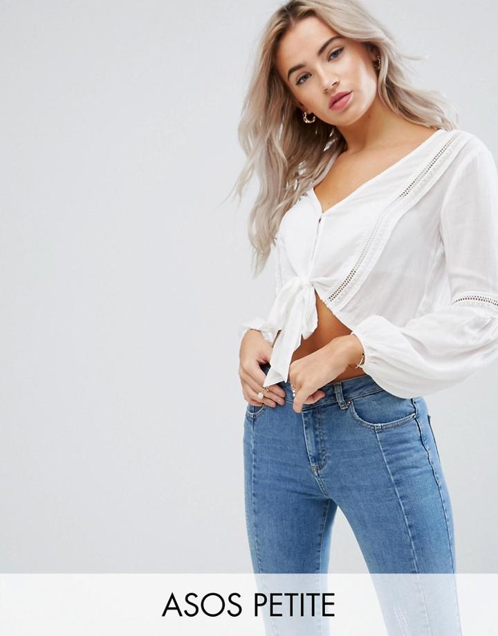 Asos Petite Plunge Blouse With Tie Front And Lace Inserts - Cream
