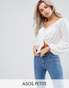 Asos Petite Plunge Blouse With Tie Front And Lace Inserts - Cream