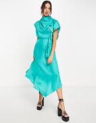 Topshop Premium Ruffle Cowl Back Occasion Midi Dress In Teal-green