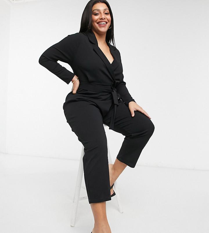 Asos Design Curve Long Sleeve Tux Crepe Jumpsuit In Black