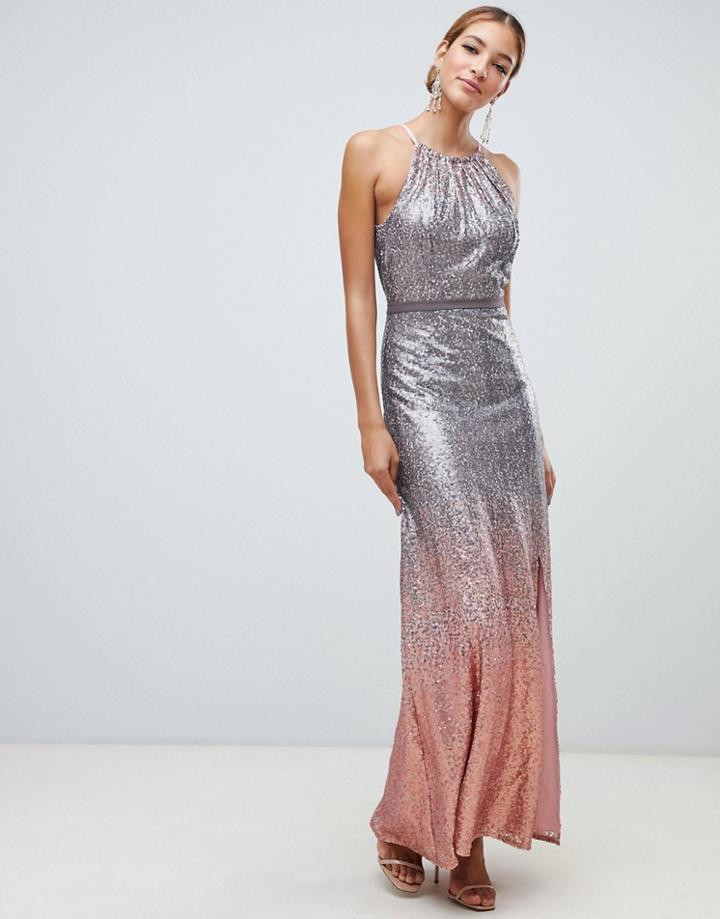 Little Mistress High Neck Allover Ombre Sequin Maxi Dress In Rose Multi - Multi