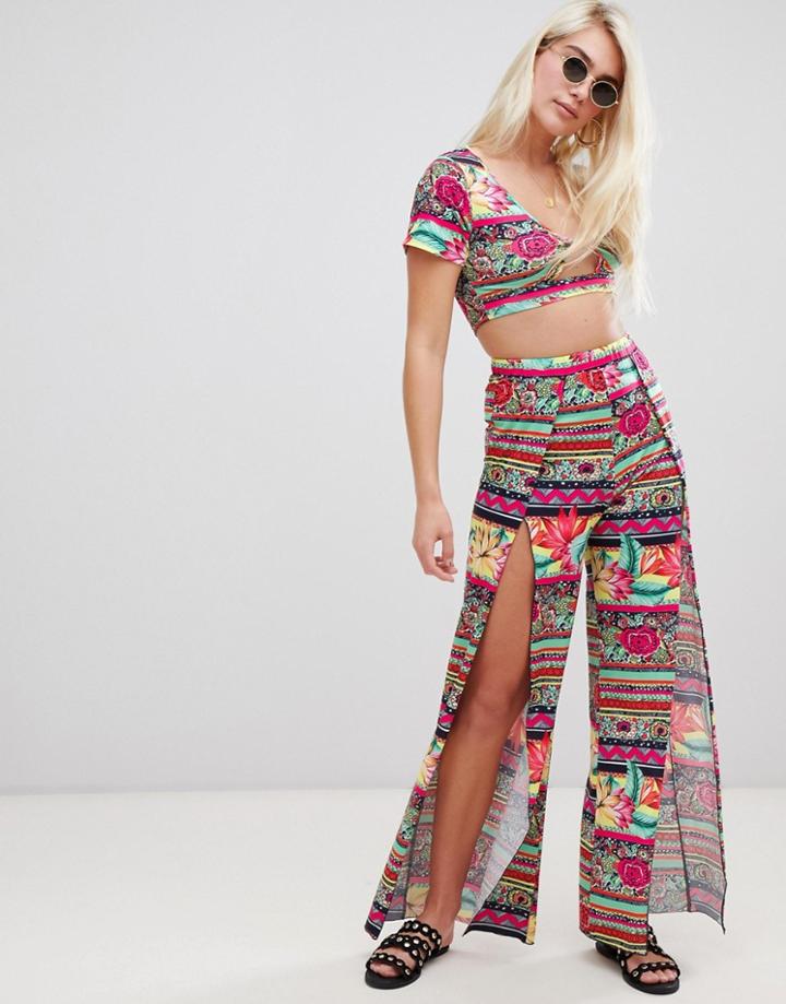 Asos Design Split Front Jersey Beach Pants In Tropical Tile Print Coord - Multi