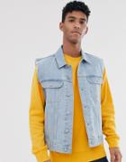Asos Design Sleeveless Denim Jacket In Bleach Wash Blue