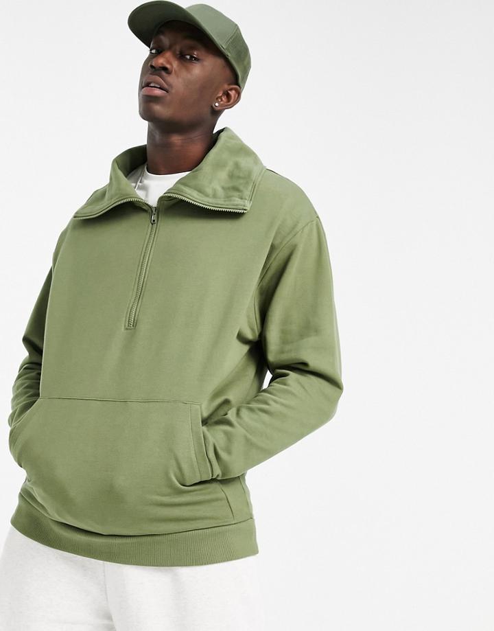 Asos Design Organic Oversized Sweatshirt With Zip Up Rolled Neck In Sage-green