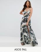 Asos Tall Beach Maxi Dress With Strap Detail In Mono Palm Print - Multi