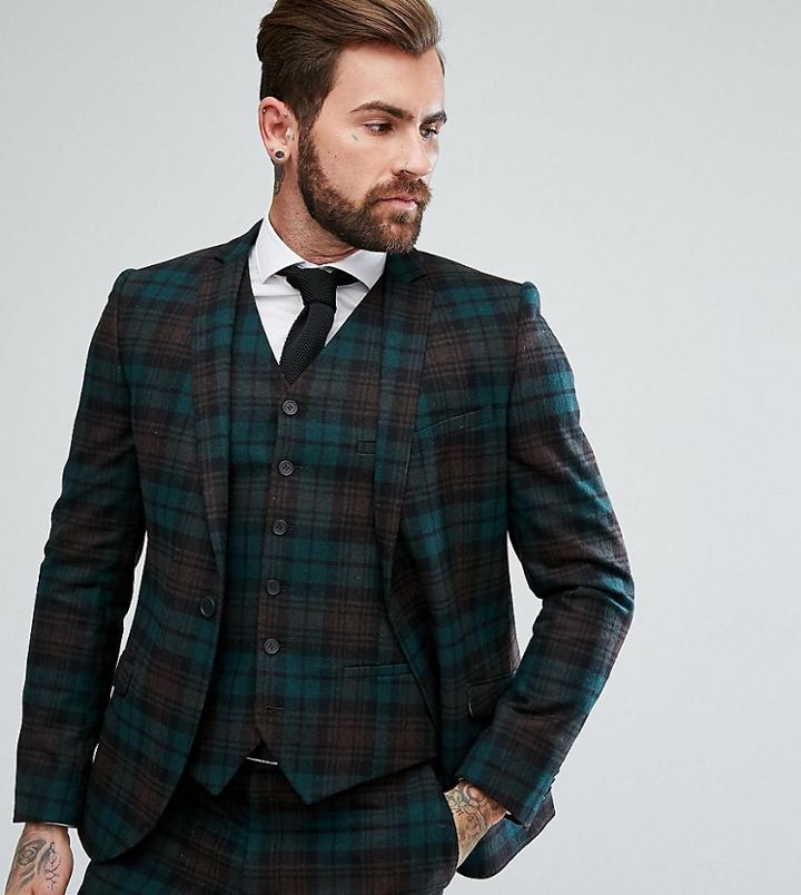 Heart & Dagger Slim Suit Jacket In Plaid - Green