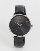 Asos Design Classic Watch In Black And Silver With Faux Croc Strap