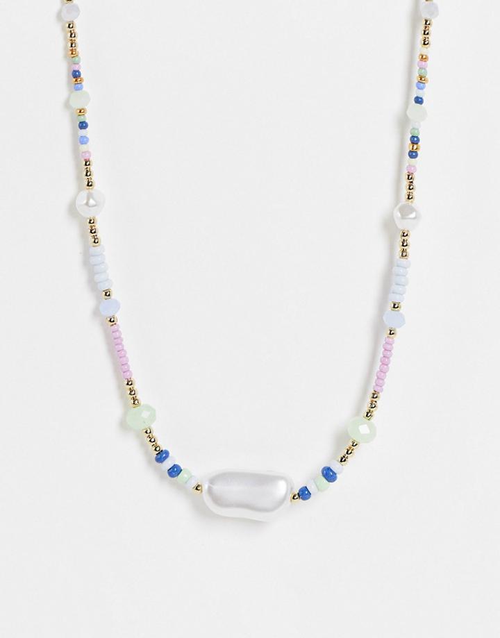 Asos Design Pearl Necklace With Multi Color Beads
