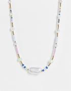 Asos Design Pearl Necklace With Multi Color Beads